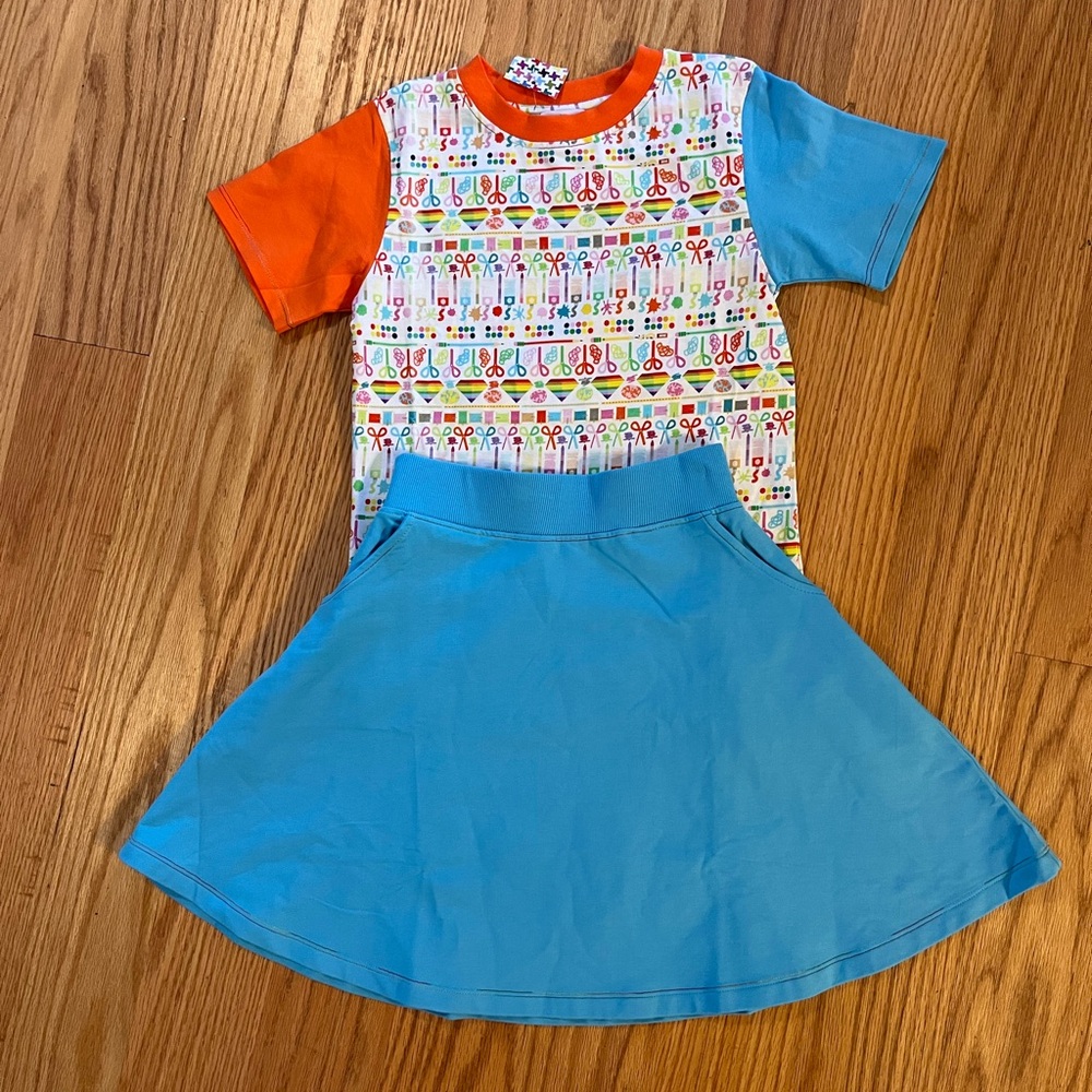 Kids Two-Piece Matching Set with Orange & Blue Top and Blue Skirt. NWT